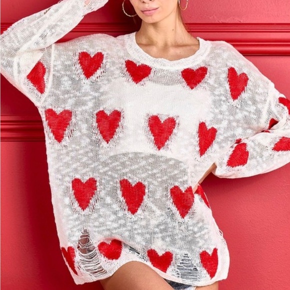 Valentines Sweater - Red Heart Distressed Sweater - NEW! - Picture 4 of 4